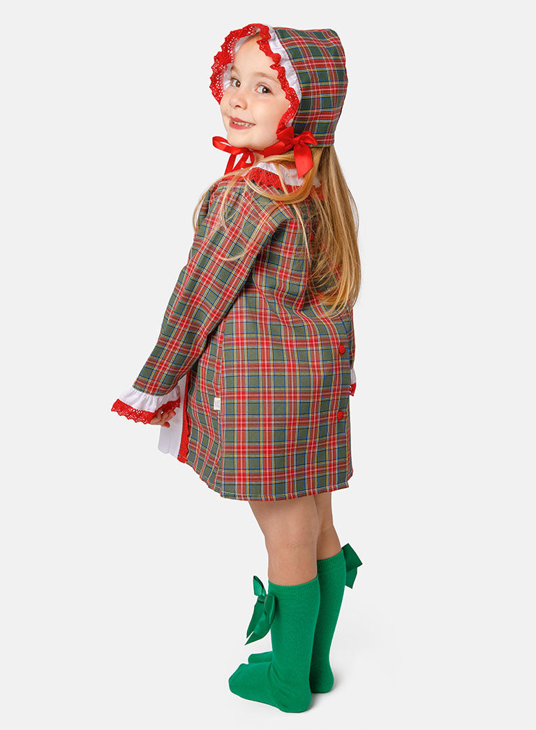 Baby Girl Christmas Reindeer Tartan Dress with Bonnet - Red & Emerald