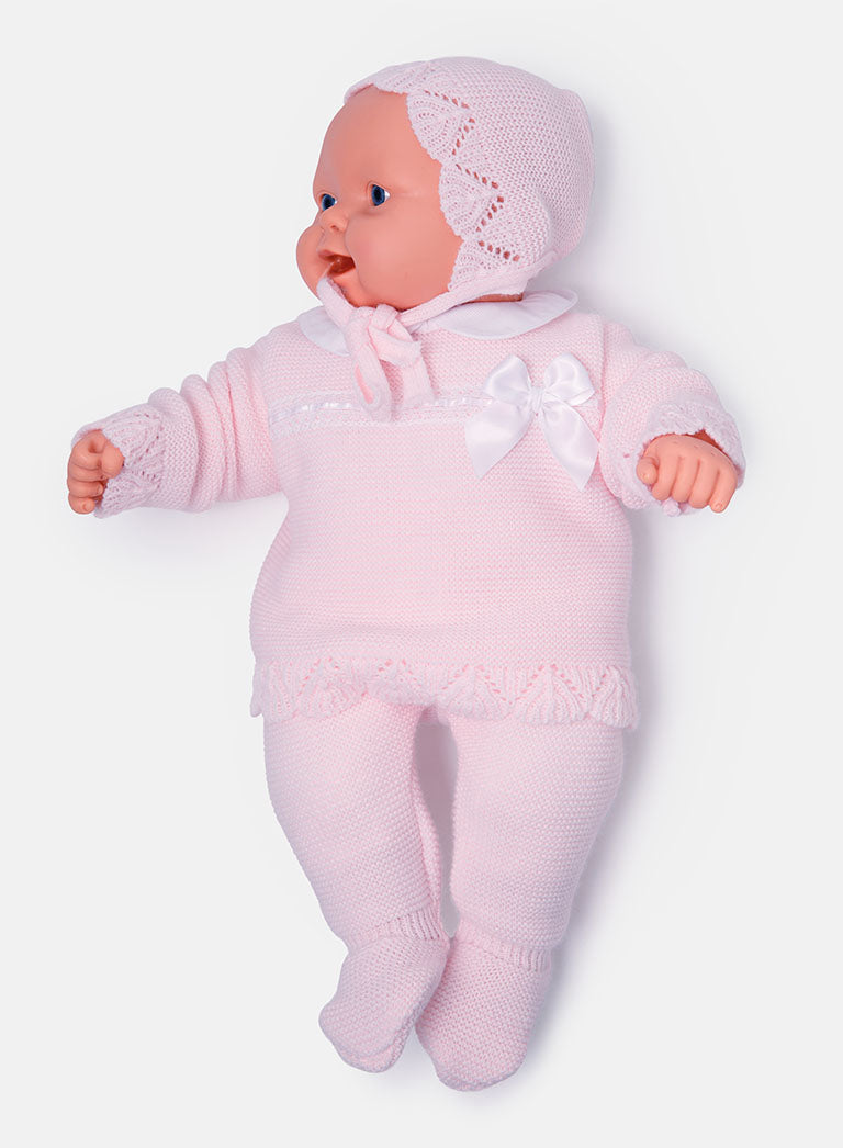 Baby Girl Bow Accent & Lace Detail 3-Piece Knitted Gift Box Set - Baby Pink