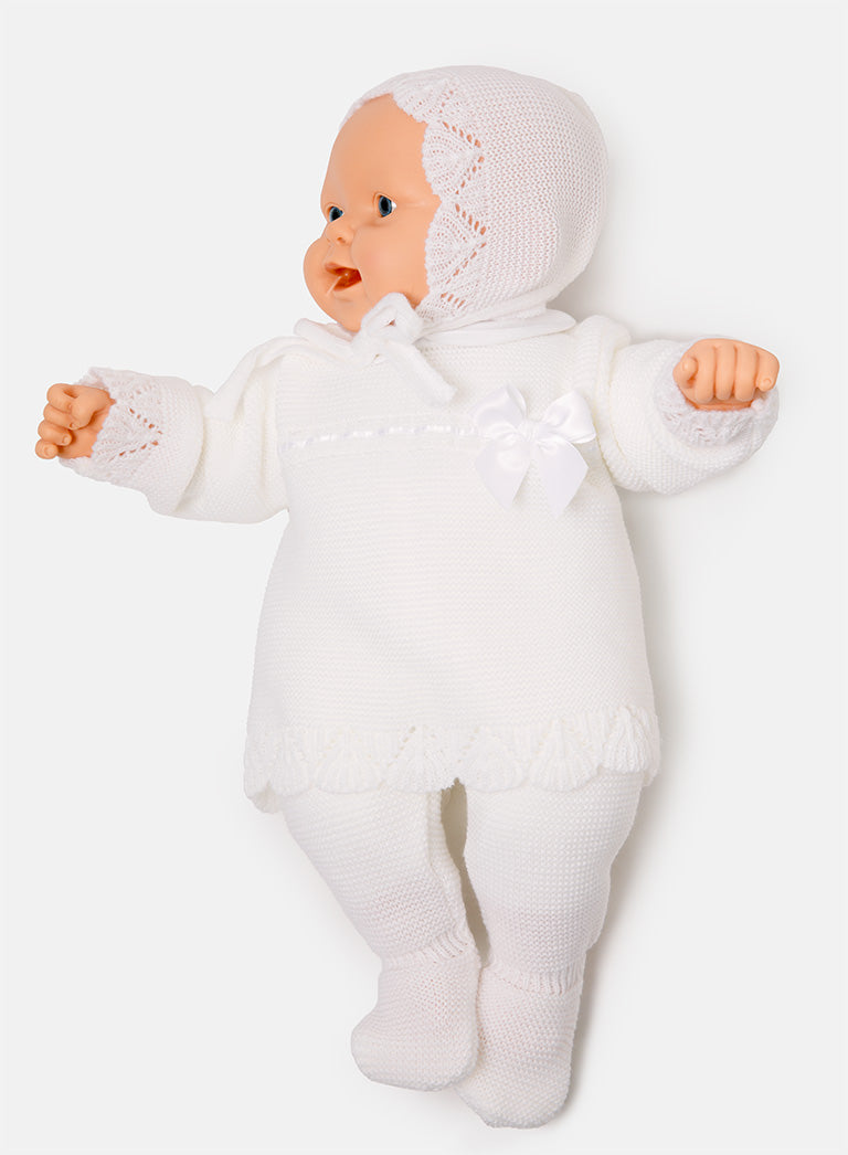 Baby Girl Bow Accent & Lace Detail 3-Piece Knitted Gift Box Set - Ivory
