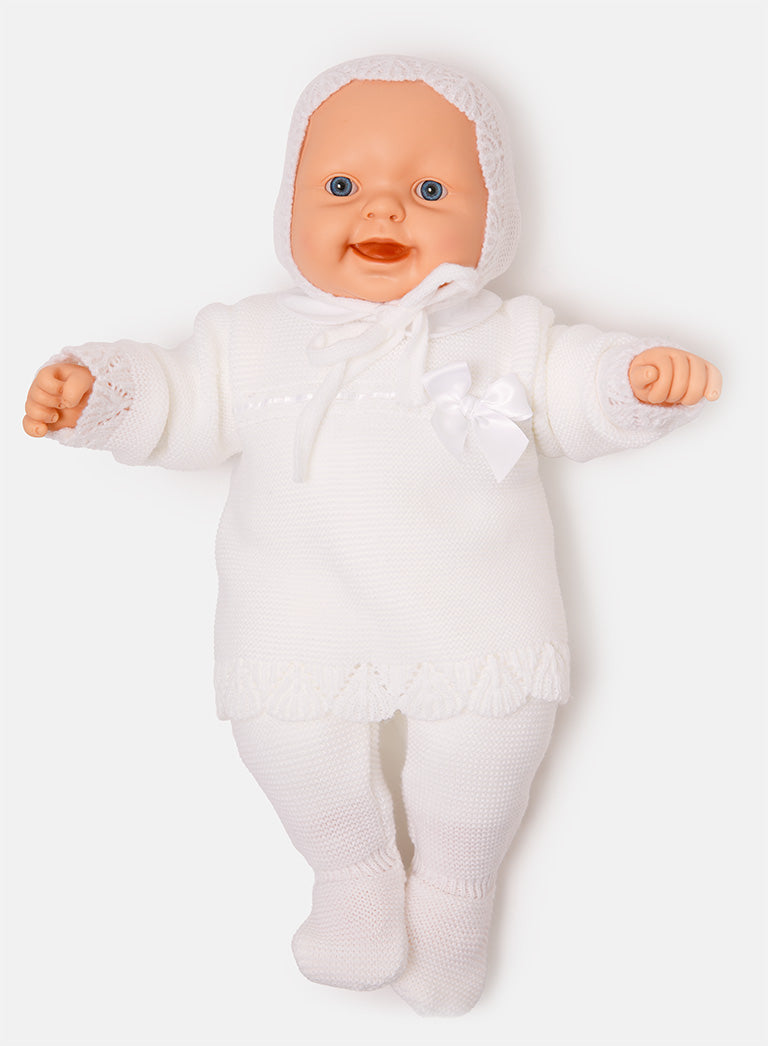 Baby Girl Bow Accent & Lace Detail 3-Piece Knitted Gift Box Set - Ivory