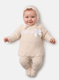 Baby Girl Bow Accent & Lace Detail 3-Piece Knitted Gift Box Set - Beige