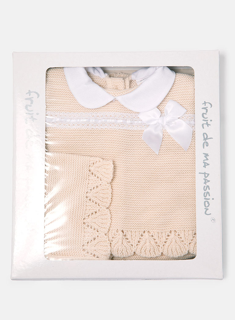 Baby Girl Bow Accent & Lace Detail 3-Piece Knitted Gift Box Set - Beige