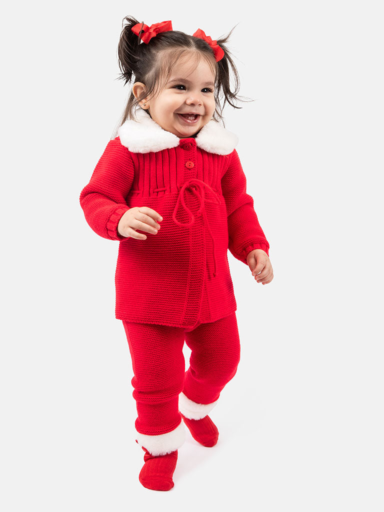Baby Girl Nieves Coat & Pants Knitted Spanish Set - Red
