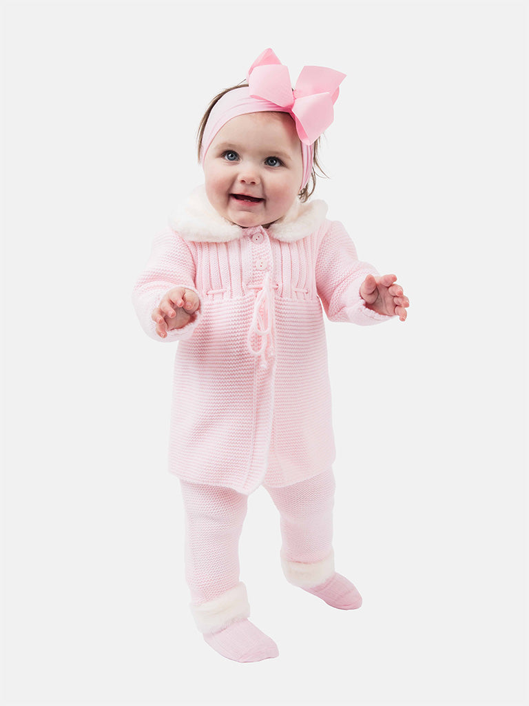 Baby Girl Nieves Coat & Pants Knitted Spanish Set - Baby Pink