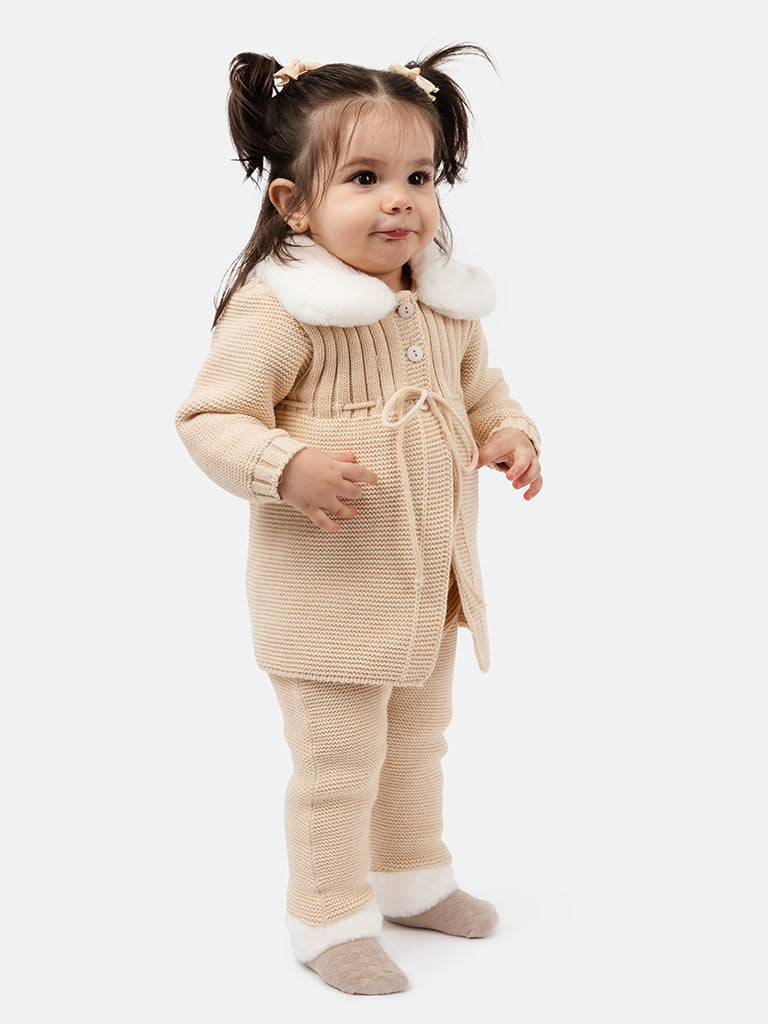 Baby Girl Nieves Coat & Pants Knitted Spanish Set - Beige