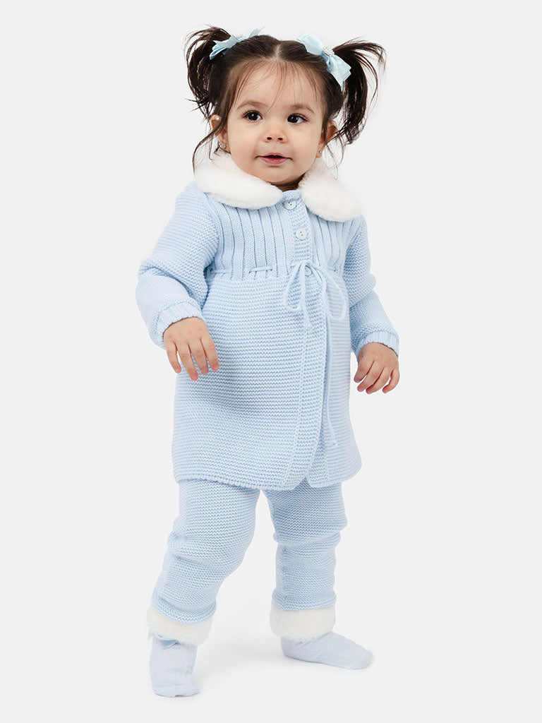 Baby Girl Nieves Coat & Pants Knitted Spanish Set - Baby Blue