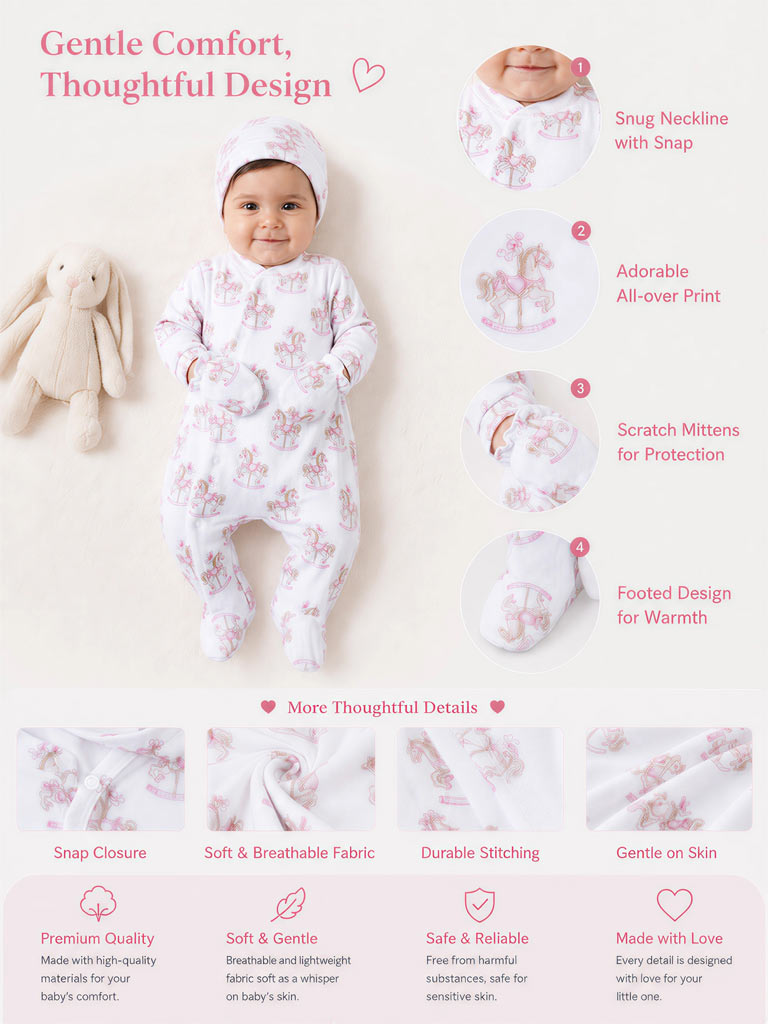 Velour Baby Grow Rocking Horse Collection 3-Piece Set - Baby Pink