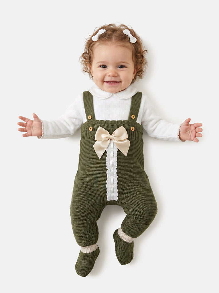 Baby Girl Camila Collection 2-piece Knitted Dungaree Set - Olive Green