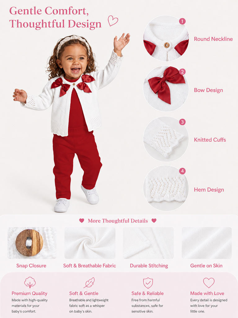 Baby Girl Cardigan with 2 Big Bows - White & Red