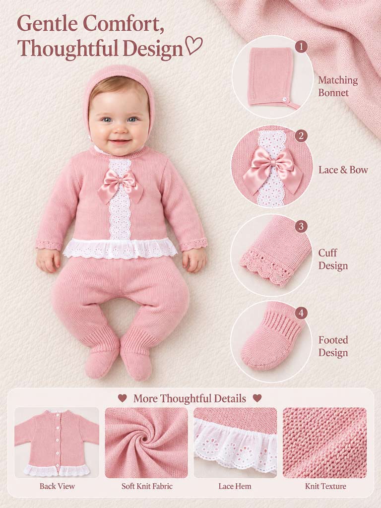 Baby Girl Carmina Collection 3-piece Spanish Knitted Set - Dusty Pink