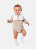 Baby Boy Valentin Collection Velour Romper with Sailor Collar - Beige