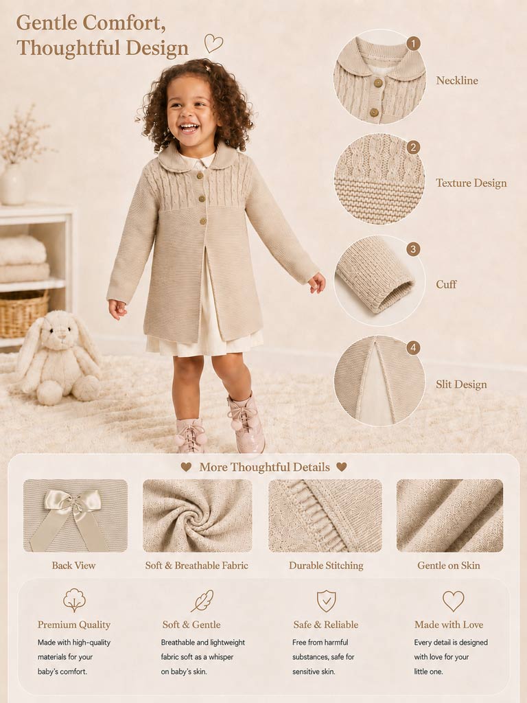 Baby Girl Irene Collection Knitted Coat with Back Bow - Beige