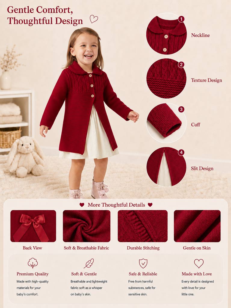 Baby Girl Irene Collection Knitted Coat with Back Bow - Red