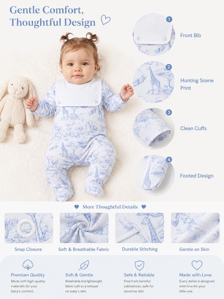 Baby Grow with Attached Bib - Safari Collection - Baby Blue