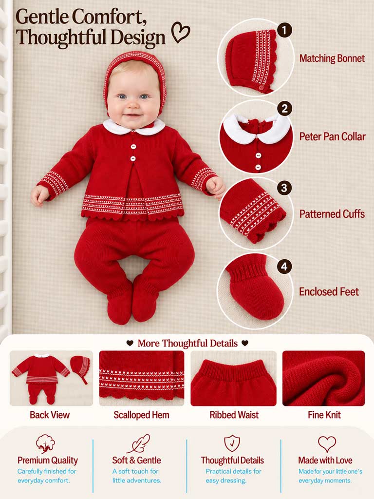 Baby Girl Peter Pan Collar Scalloped Knitted 3-piece Gift Box Set - Red