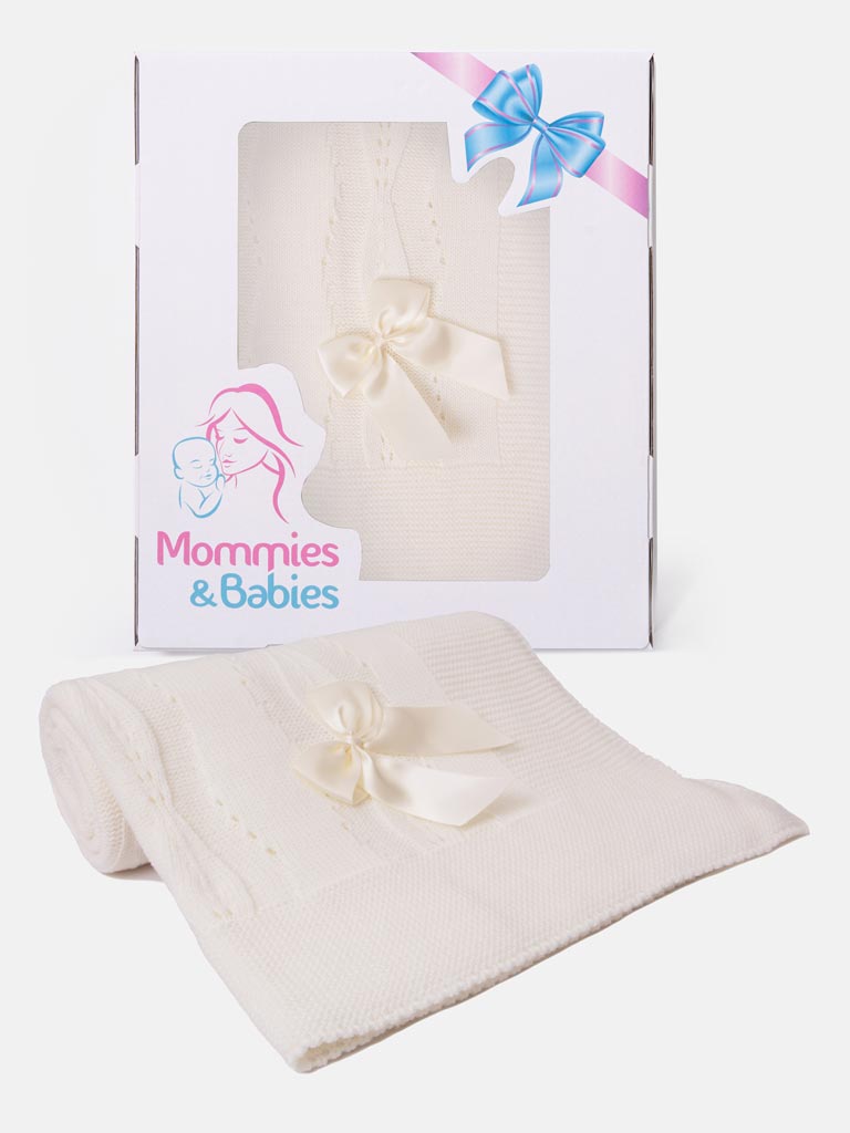 Baby Spanish Delicate Knitted Blanket with Bow - Ivory