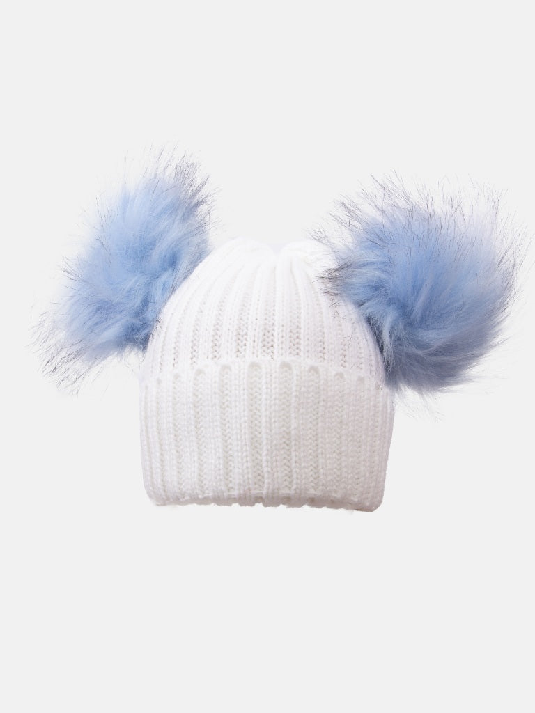 Baby Unisex Knitted Hat with Fluffy Pom-poms - Baby Blue