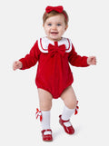 Baby Girl Rosamaria Collection Velour Romper with White Collar - Red