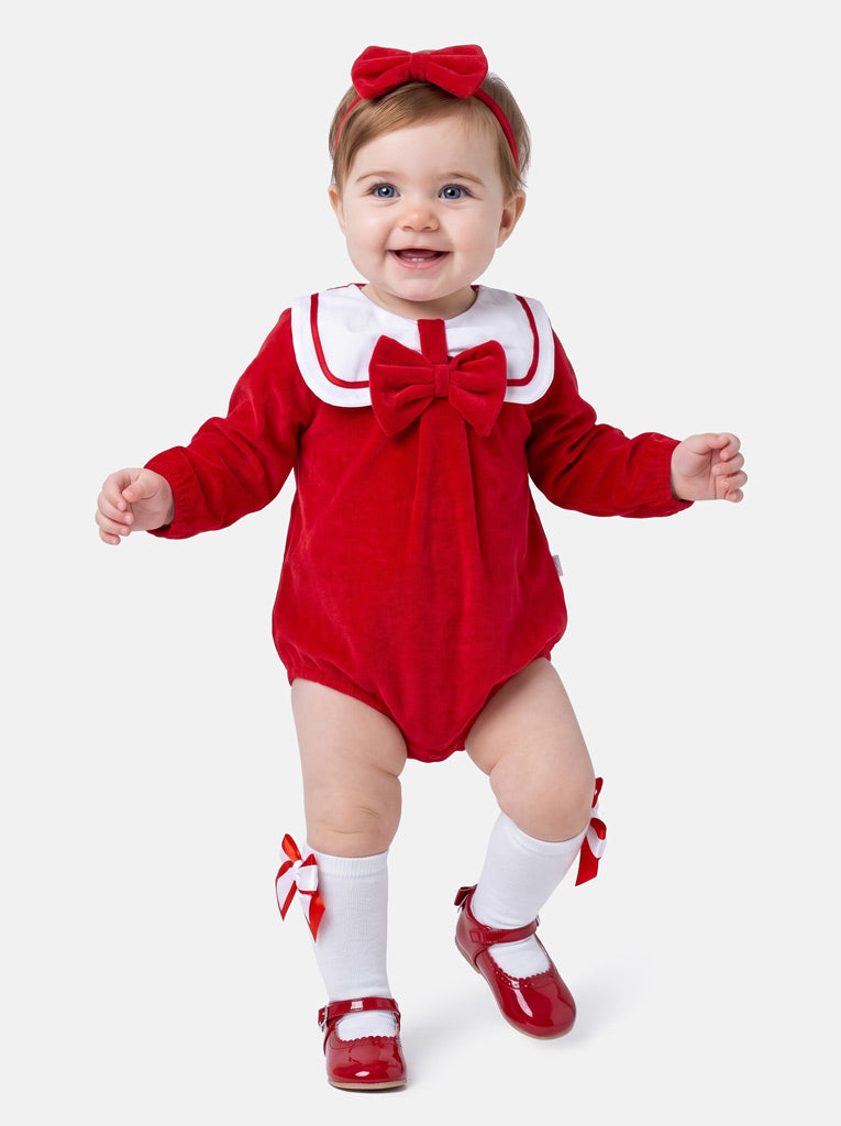 Baby Girl Rosamaria Collection Velour Romper with White Collar - Red