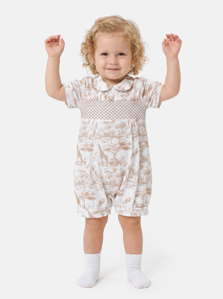 Baby Smocked Summer Romper Safari Collection - Beige