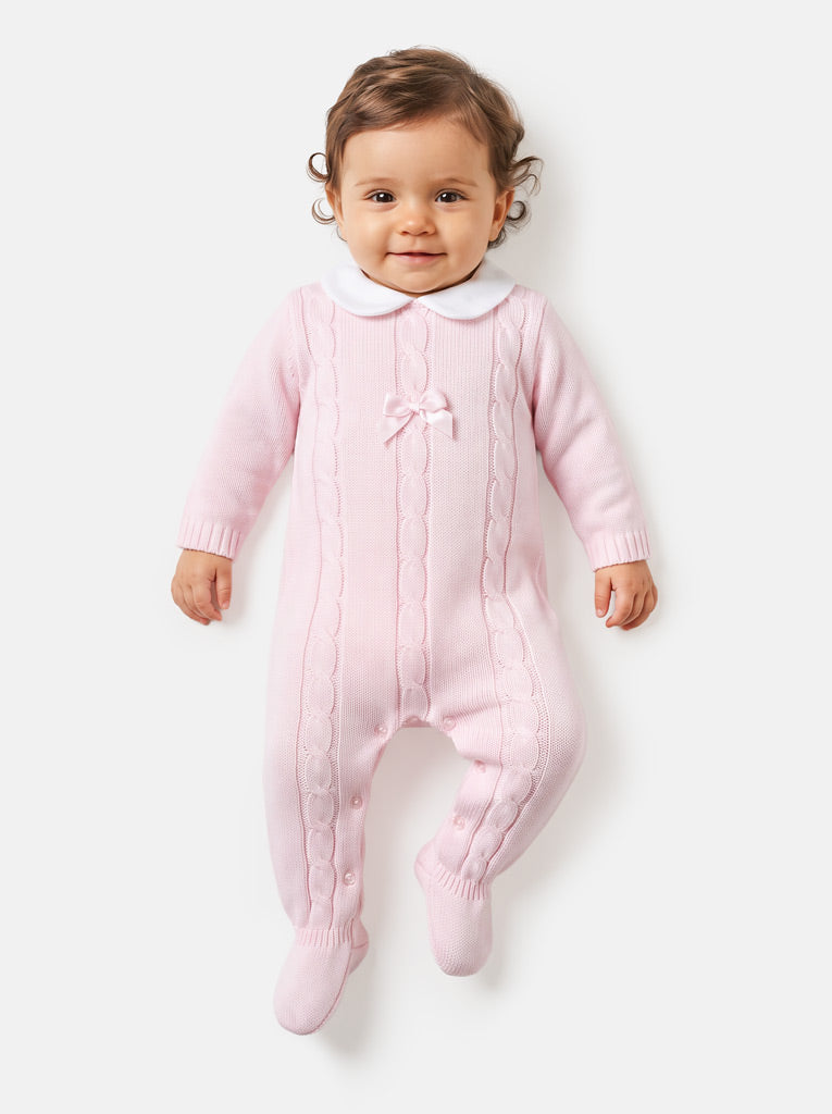 Unisex JIMENA COLLECTION Knitted Baby Grow with Tiny Bow - Pink