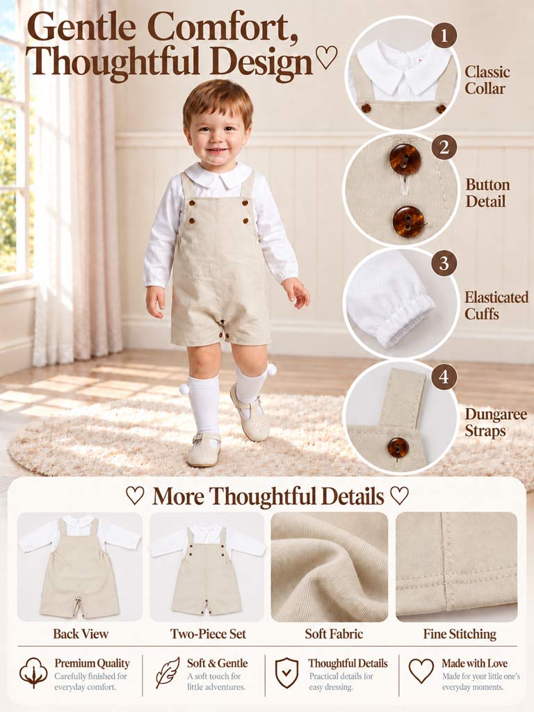 Baby Boy Alejandro Collection Two-Piece Shirt and Short Dungaree Set - Beige