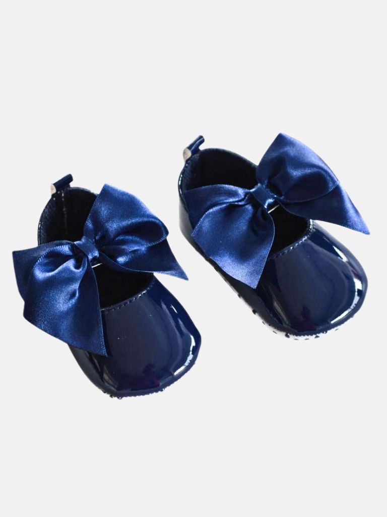 Baby Girl Shiny PU Infant Shoes with Large Satin Bow - Navy Blue