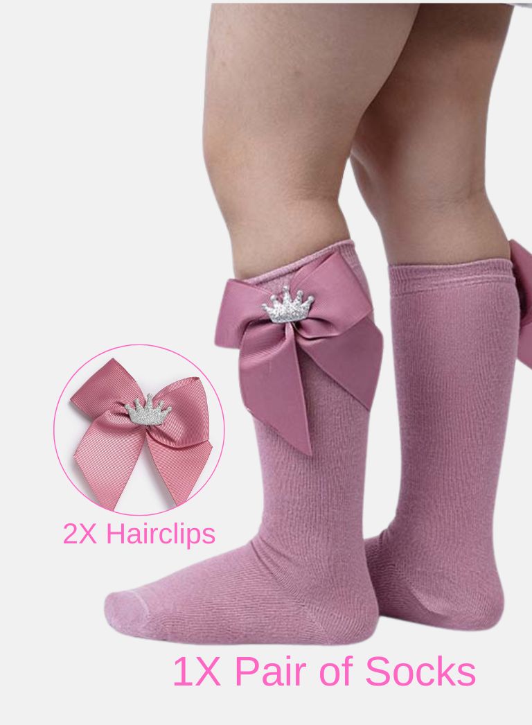 Matching Crown Socks and Hairclips Bundle - Dusty Pink