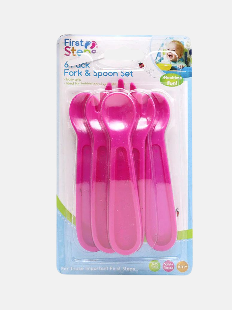 First Steps Pack Of Six Spoon and Fork Set- Pink