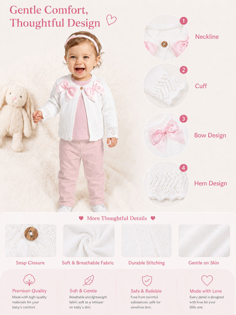Baby Girl Cardigan with 2 Big Bows - White & Baby Pink