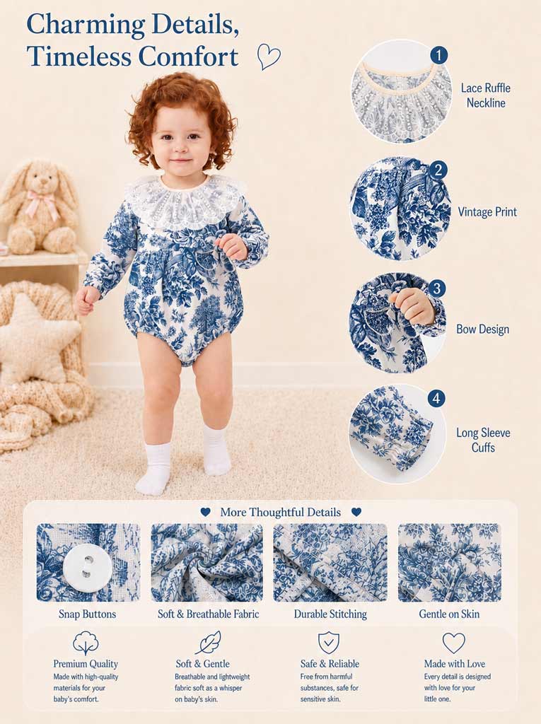 Baby Girl Genoveva Collection Elegant Romper - Dusty Blue