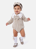 Baby Girl Rosamaria Collection Velour Romper with White Collar - Beige