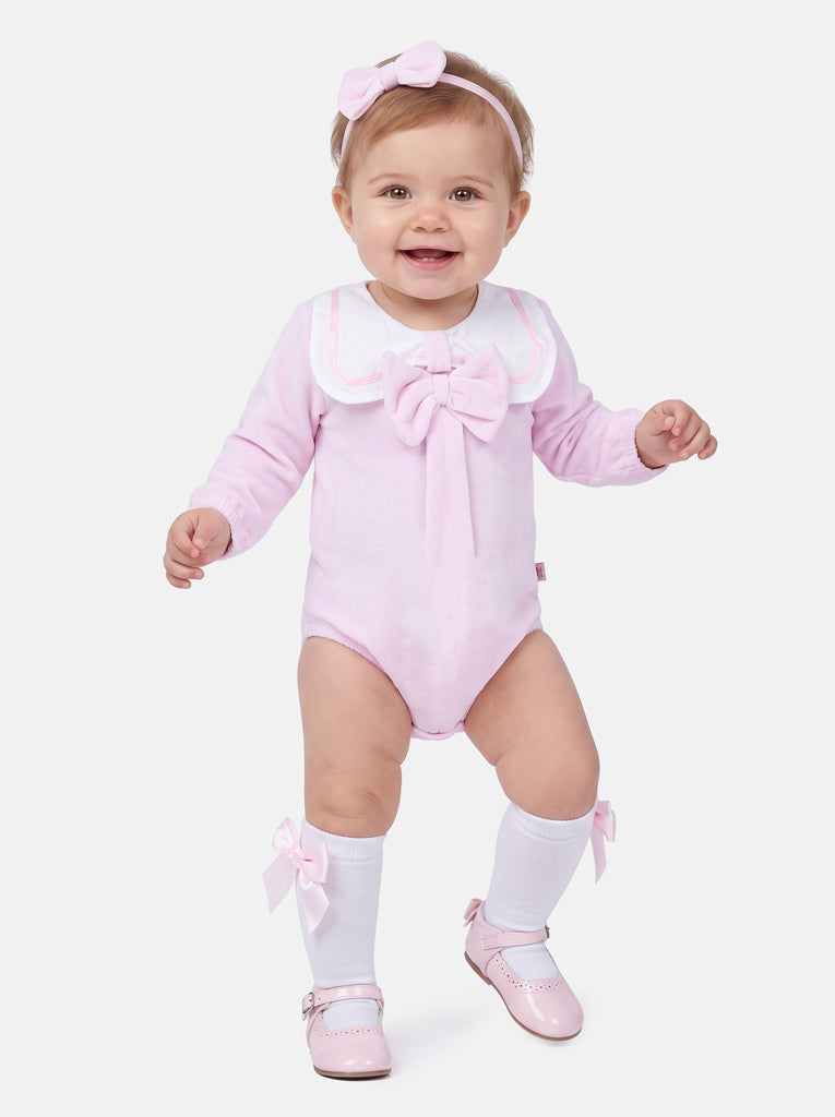 Baby Girl Rosamaria Collection Velour Romper with White Collar - Baby Pink