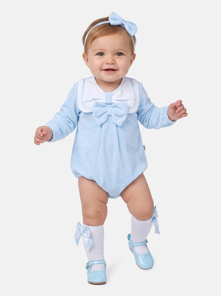 Baby Girl Rosamaria Collection Velour Romper with White Collar - Baby Blue