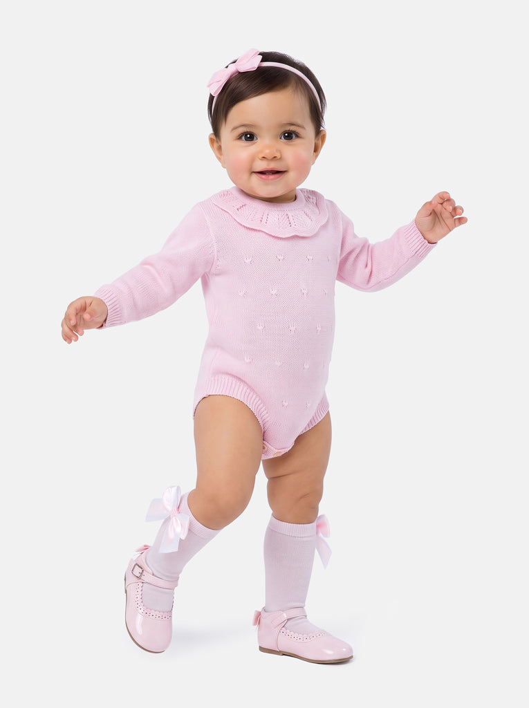Baby Girl Luma Collection Spanish Knitted Frill Collar Romper - Baby Pink