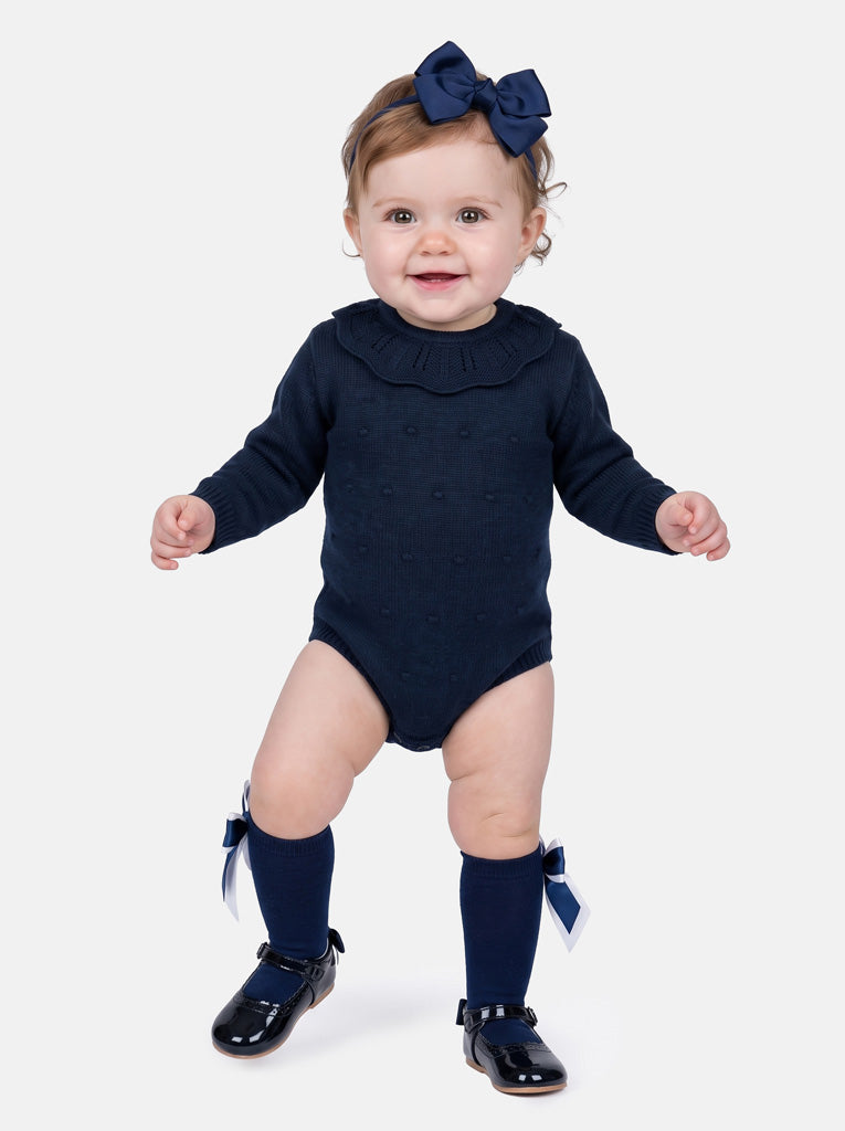Baby Girl Luma Collection Spanish Knitted Frill Collar Romper - Navy Blue