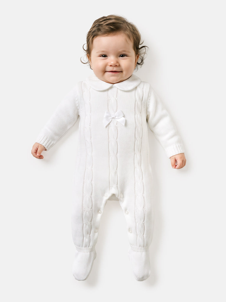Unisex JIMENA COLLECTION Knitted Baby Grow with Tiny Bow - White