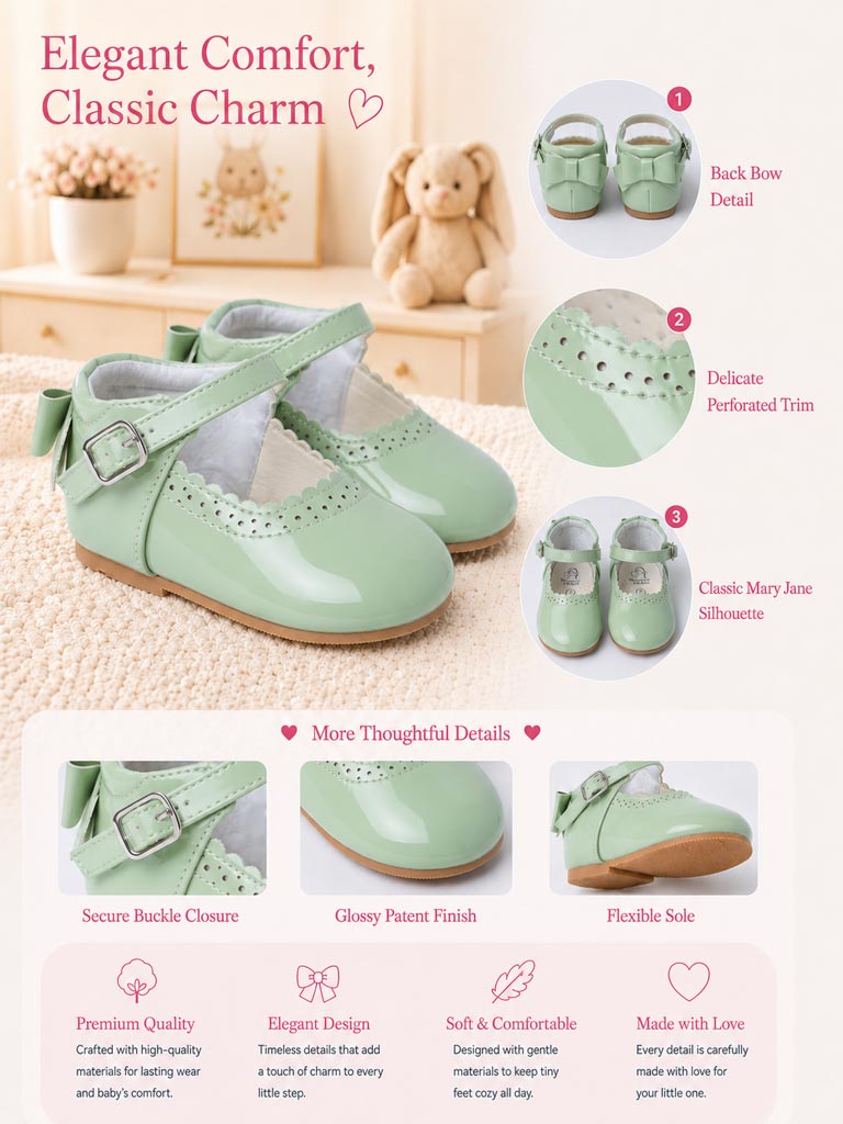 Baby Girl M&B Shoes with Back Bow - Mint Green