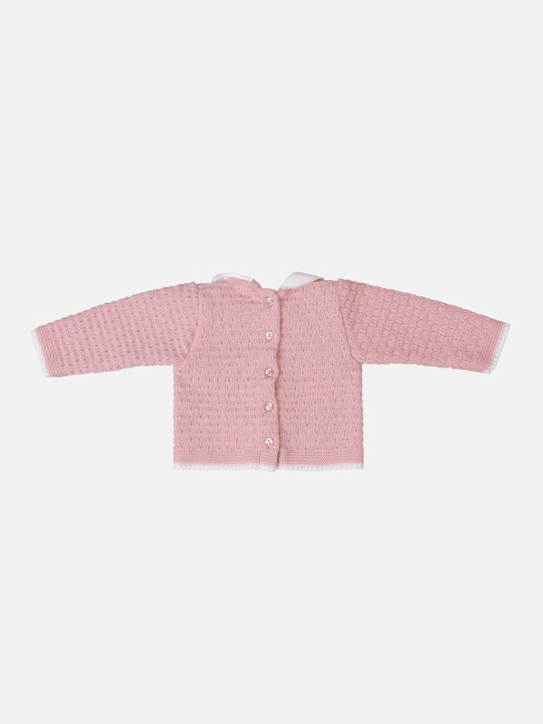 Baby Girl 3-piece Peter Pan Collar Knitted Gift Box Set with Full Sleeve Top with Bow, Trouser with Booties, and Bonnet - Dusty Pink