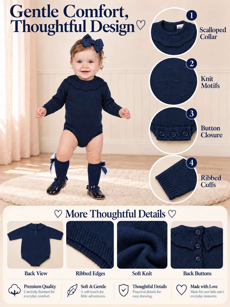 Baby Girl Luma Collection Spanish Knitted Frill Collar Romper - Navy Blue