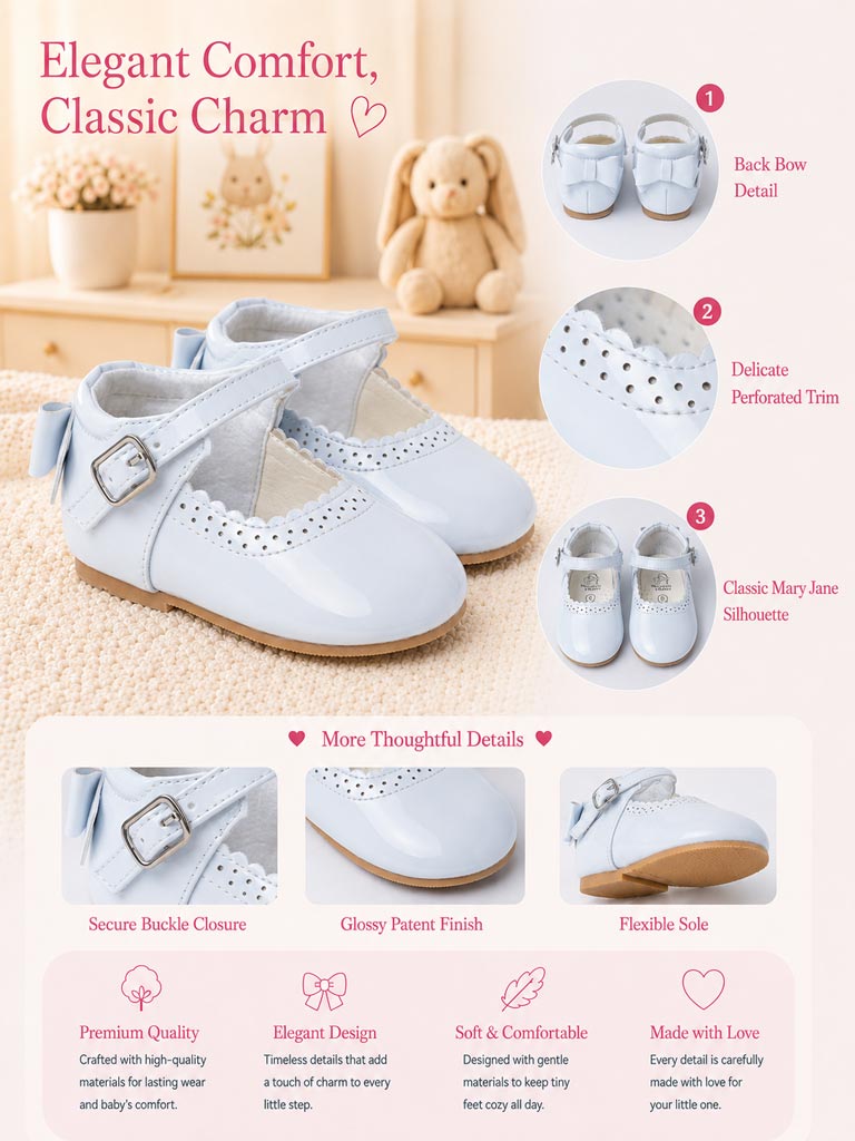 Baby Girl M&B Shoes with Back Bow - Bluebell White