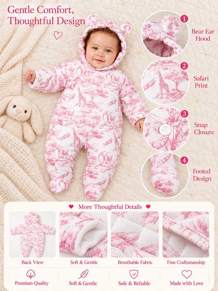 Baby Safari Collection Hooded Footed Pramsuit with Ears - Pink