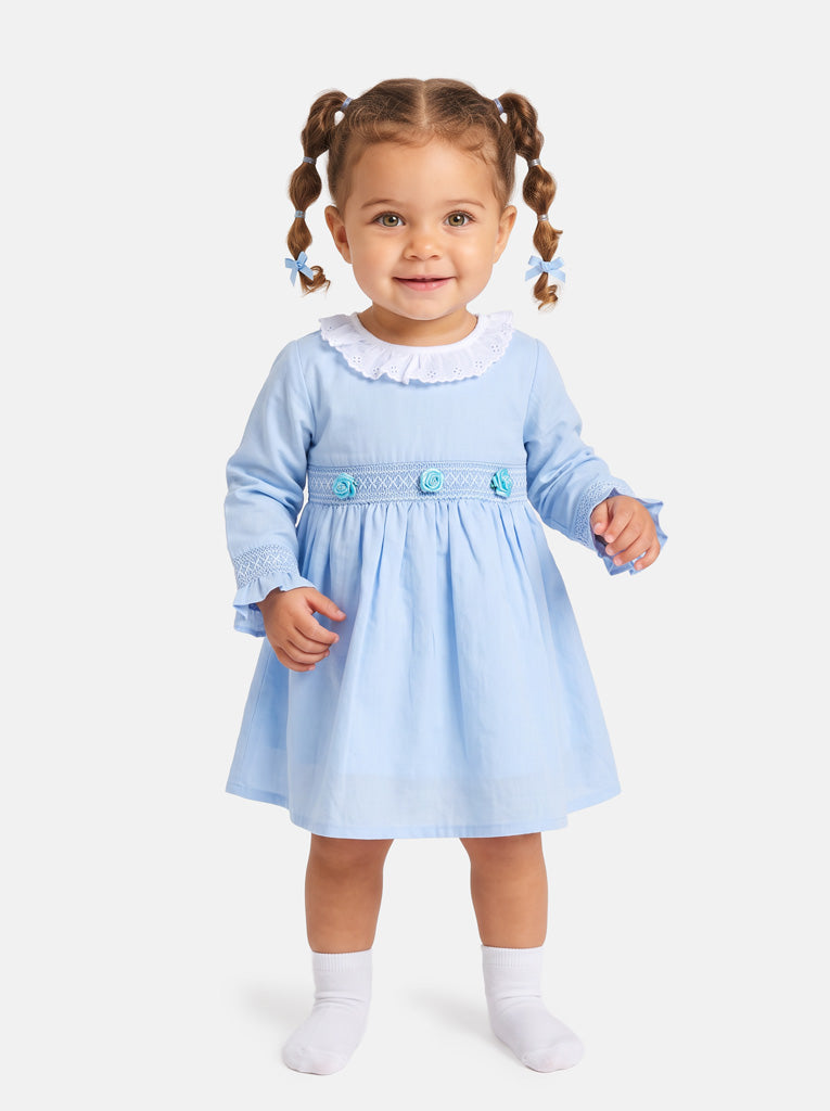 Baby Girl Estela Collection Long Sleeve Smocked Dress - Baby Blue