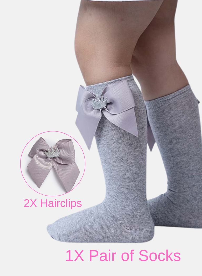 Matching Crown Socks and Hairclips Bundle - Grey
