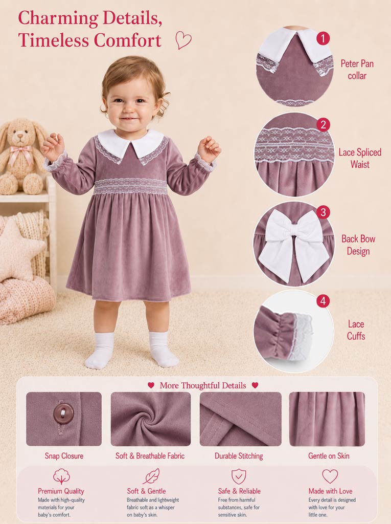 Baby Girl Celeste Collection Velvet Dress - Dusty Pink