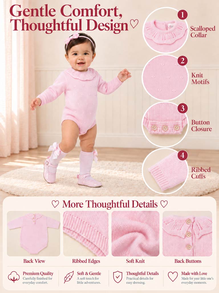 Baby Girl Luma Collection Spanish Knitted Frill Collar Romper - Baby Pink