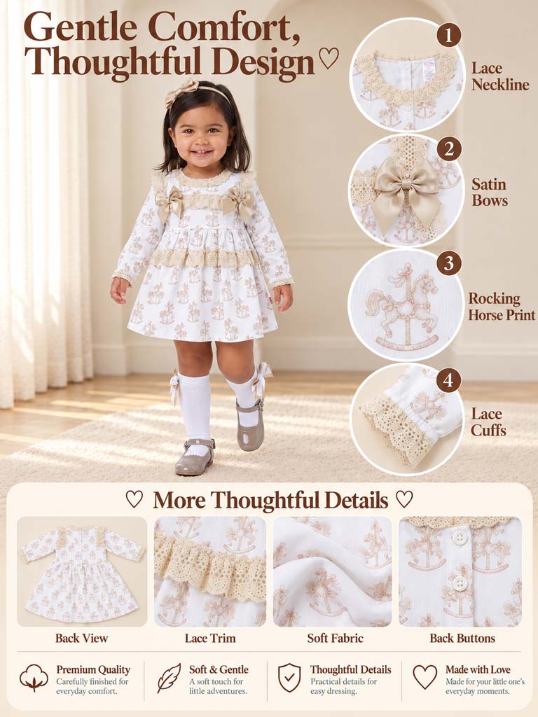 Baby Girl Dress with Bows & Lace - Rocking Horse Collection - Beige
