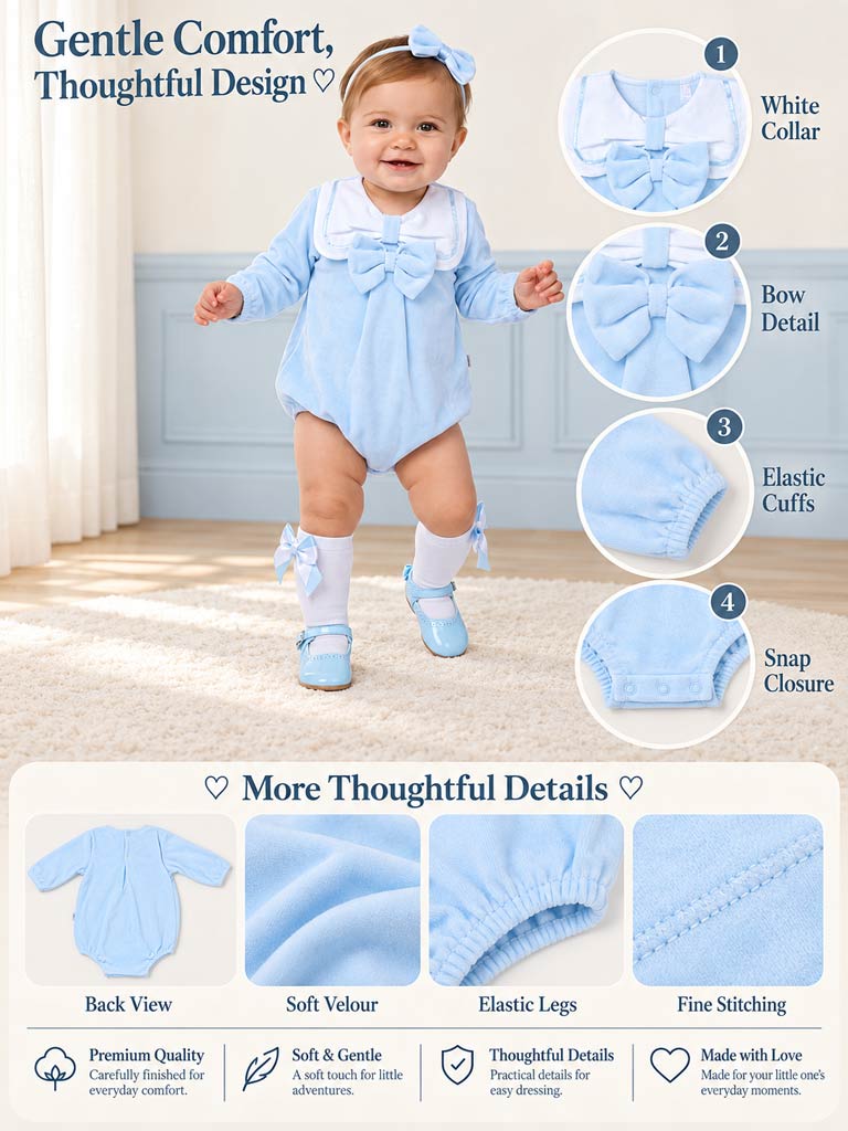 Baby Girl Rosamaria Collection Velour Romper with White Collar - Baby Blue