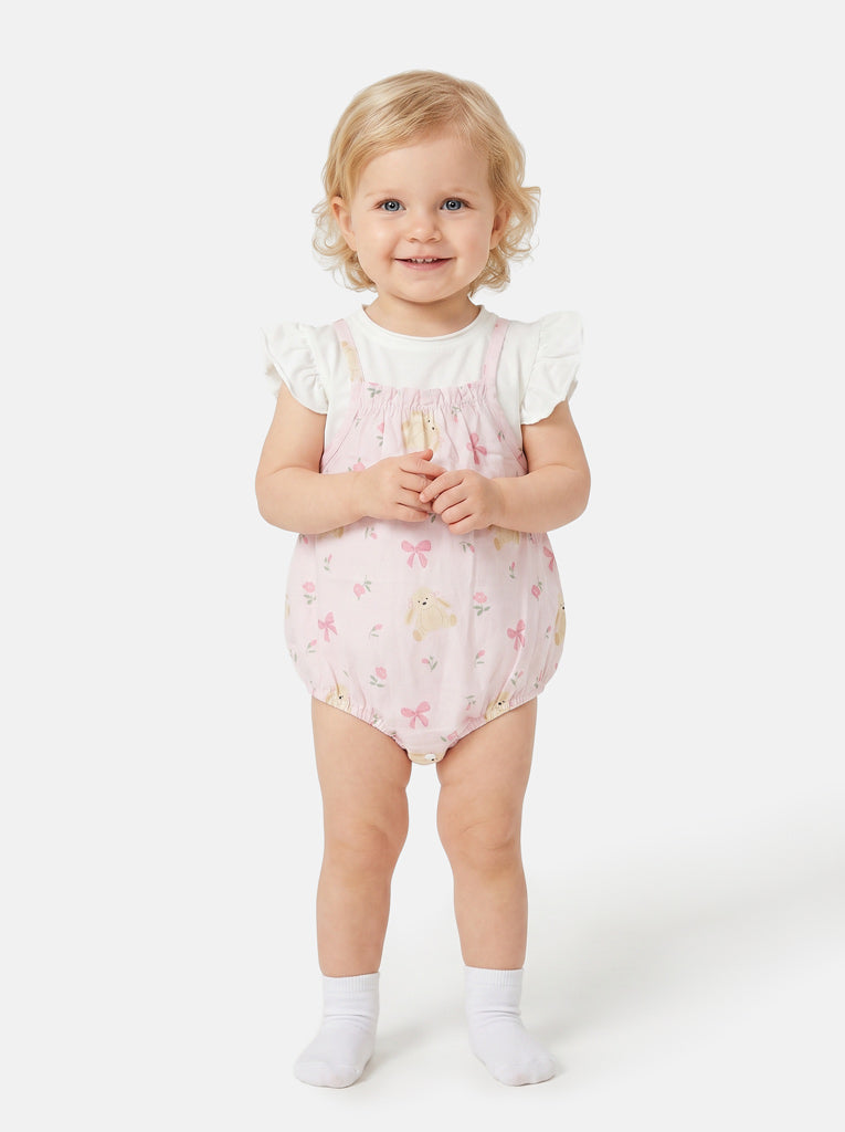 Baby Girl Bunny Print Romper 2-Piece Summer Set - Baby Pink