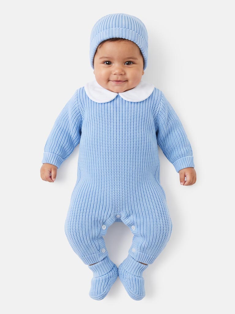Baby 3-Piece Knitted Set All-In-One with Hat & Booties - Baby Blue